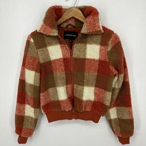 Parisian Fleece Sherpa Jacket Women's Size 2 Orange Plaid Print Lined